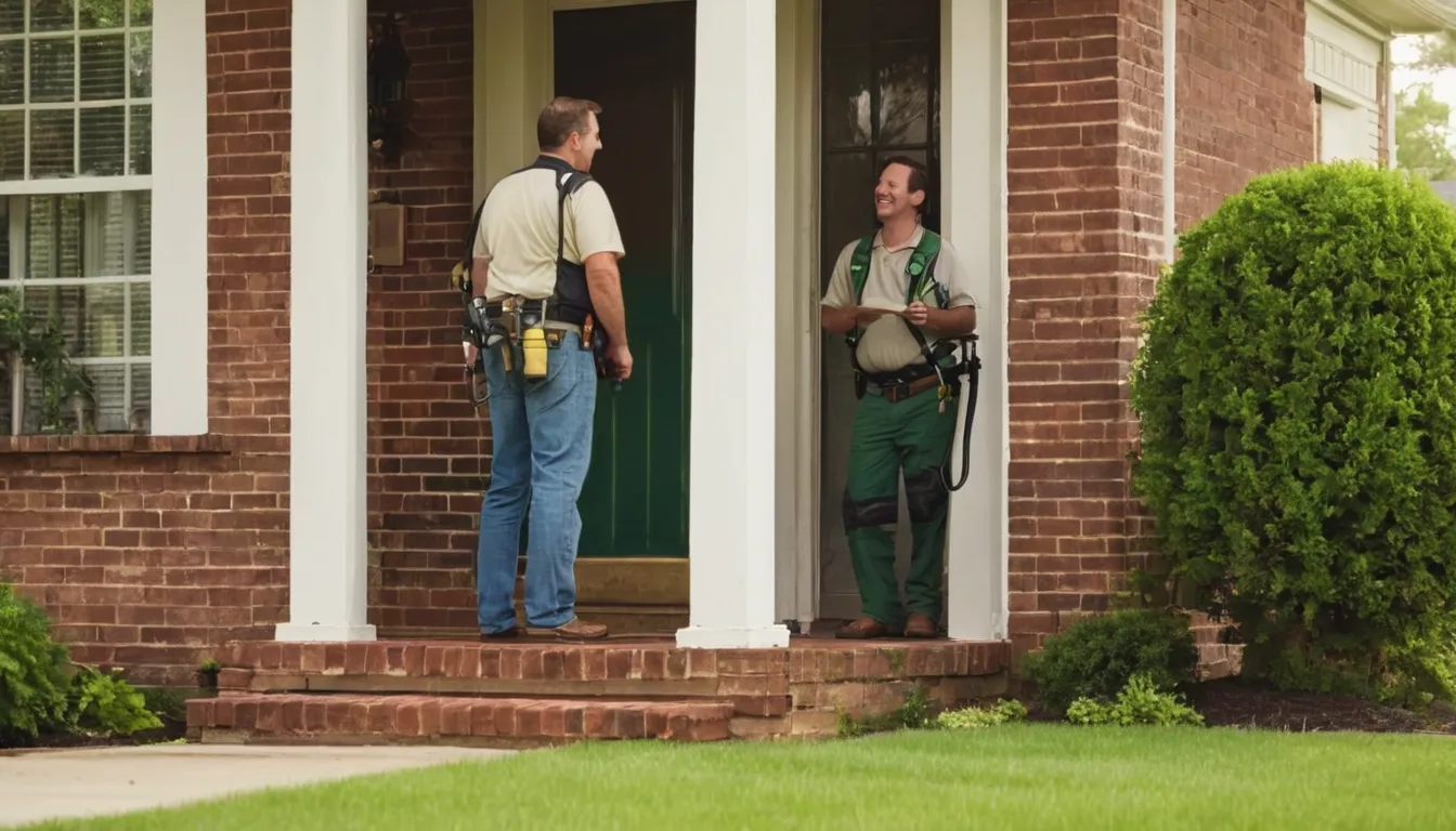 A friendly homeowner talking with a pest control provider at the front door of an older brick house in Fayetteville